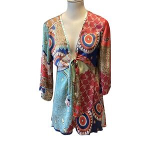 CABI Patchwork Print Tie Front Tunic Top Boho Paisley Multi Color Womens Medium